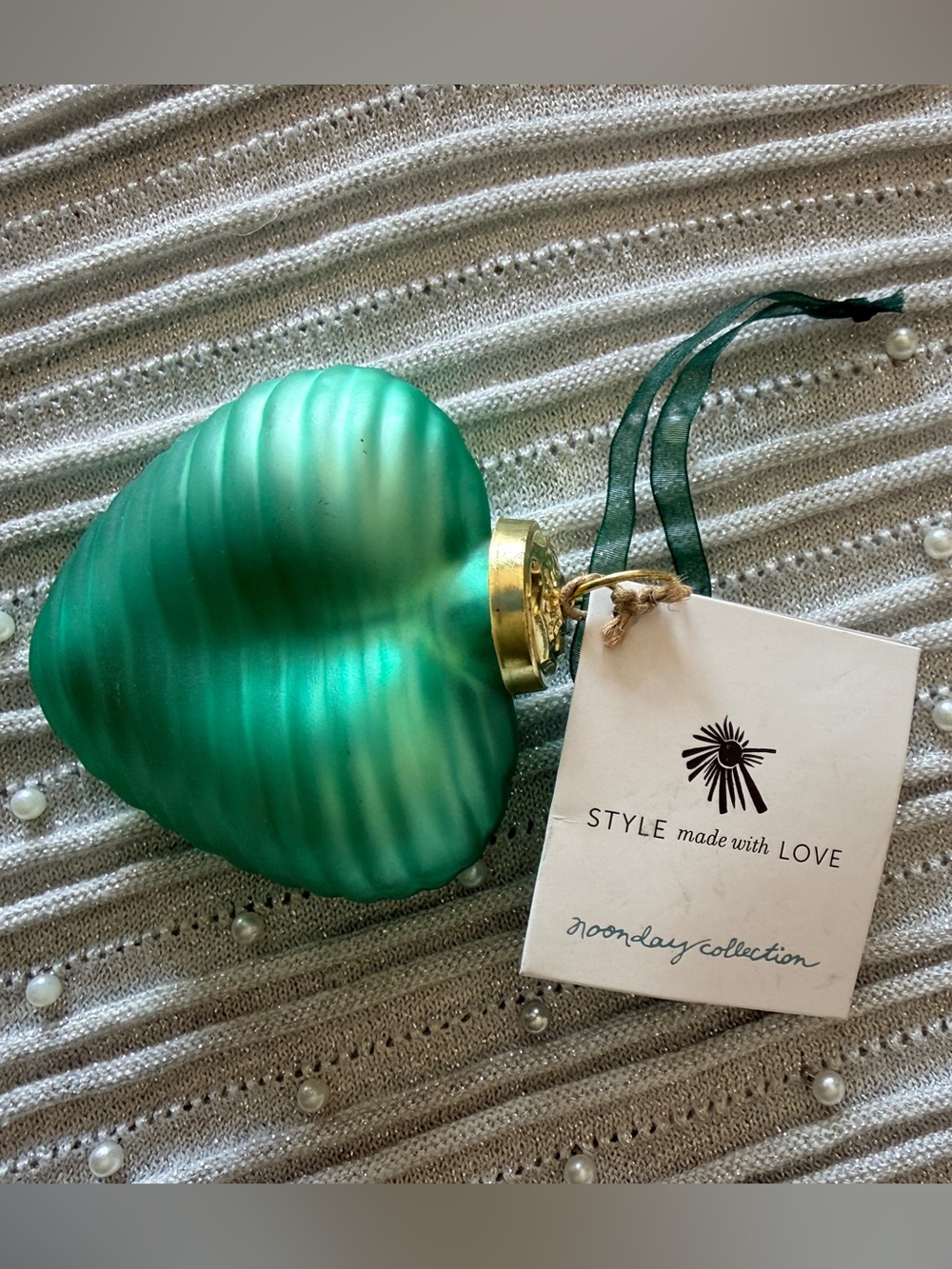 Noonday Frosted Glass Heart Ornament with Ridged Texture and Green Mesh Ribbon - Picture 3 of 5